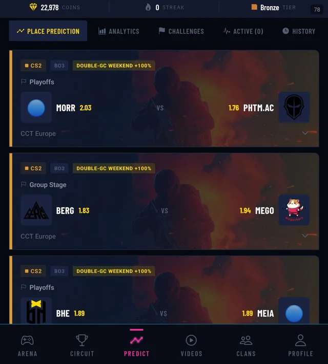 The real GameRanked PRO Predict screen — match cards with payout multipliers