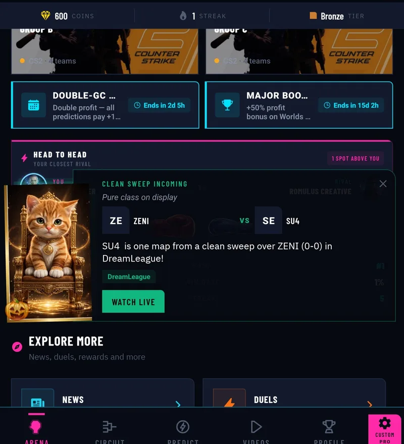 The real GameRanked PRO Arena screen — head-to-head card with Chester on his throne, live event boosts above