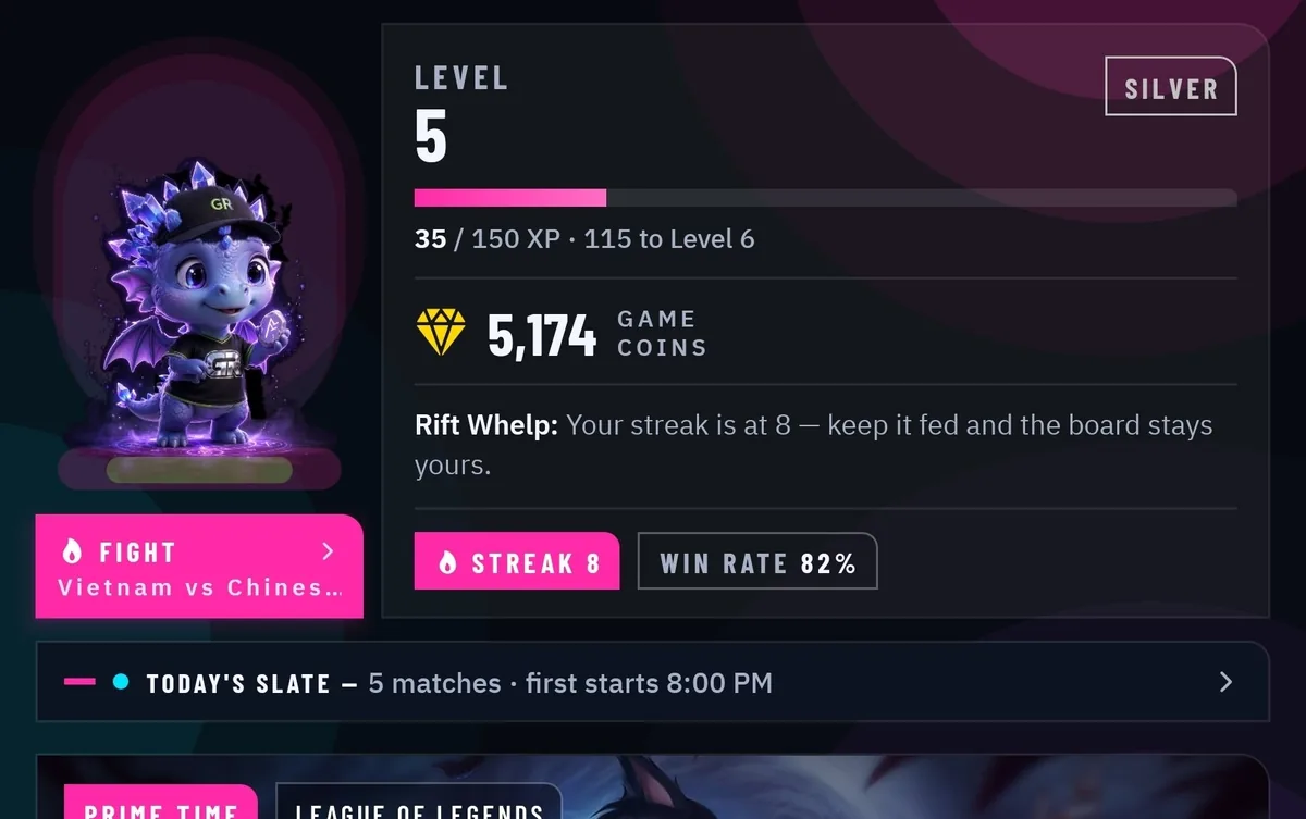 The top of the Arena in the current build — Rift Whelp on the status card: level 5, 5,174 Game Coins, an eight streak and an 82% win rate, the FIGHT door lit beside him and Prime Time below