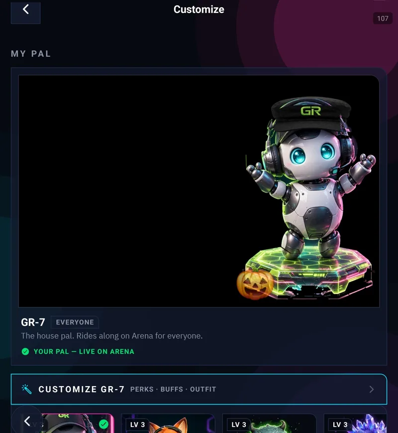 The real GameRanked PRO Customize hub — GR-7 on the stage, the pal roster in a strip below