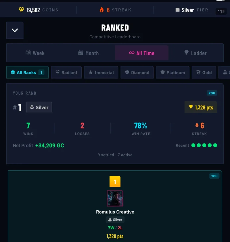 The real competitive leaderboard — the Ranked board with your rank card on top