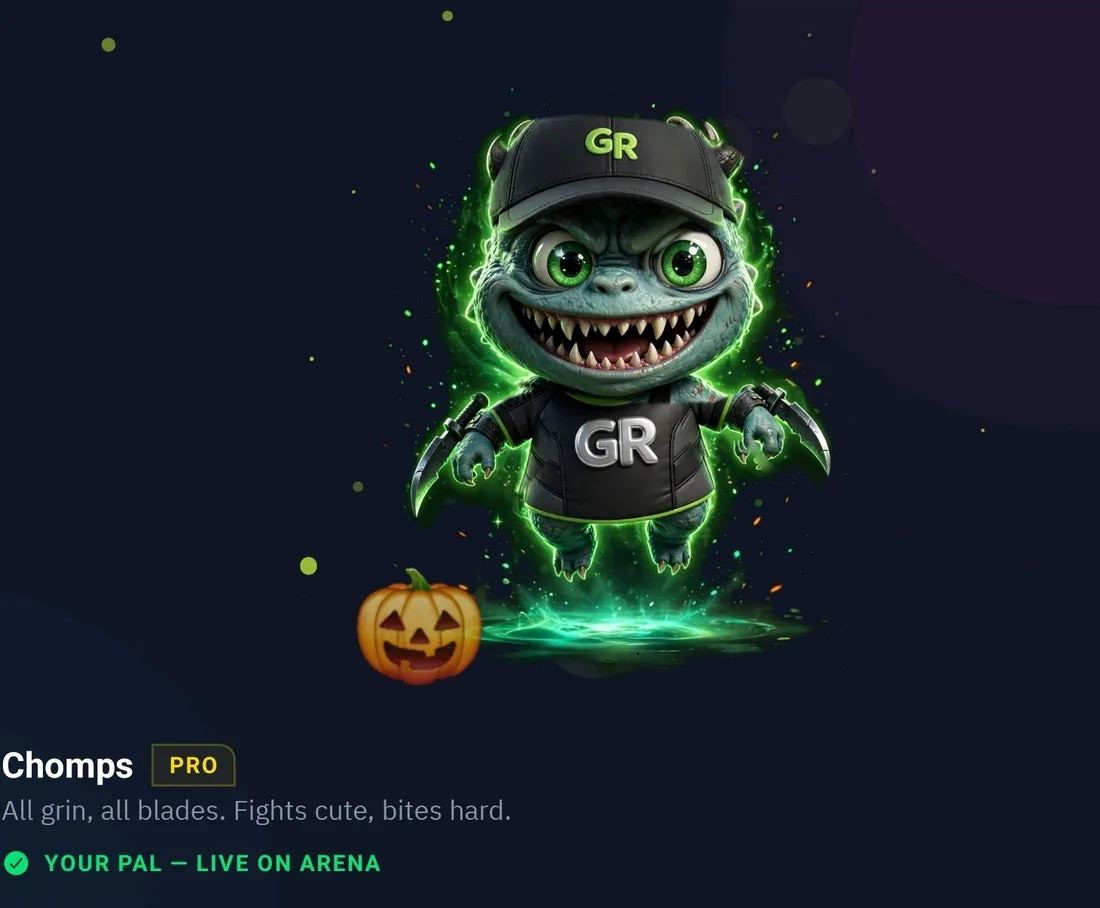 Chomps on the My Pal page — green energy field at his feet, wearing the GR shirt