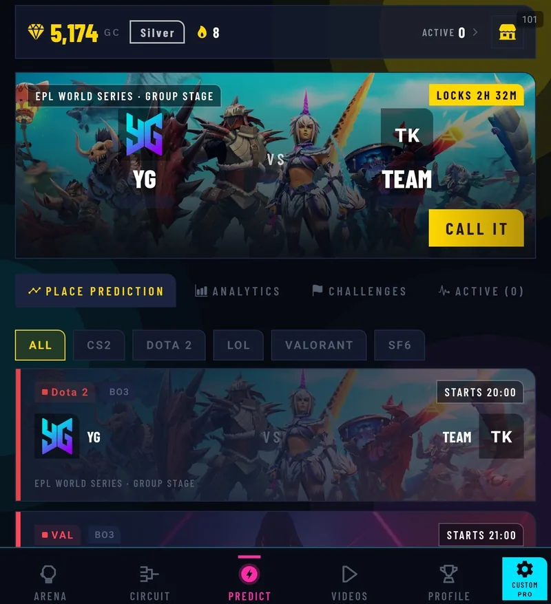 The real GameRanked PRO Predict screen — the EPL World Series feature match over the night's cards, one tap from calling it