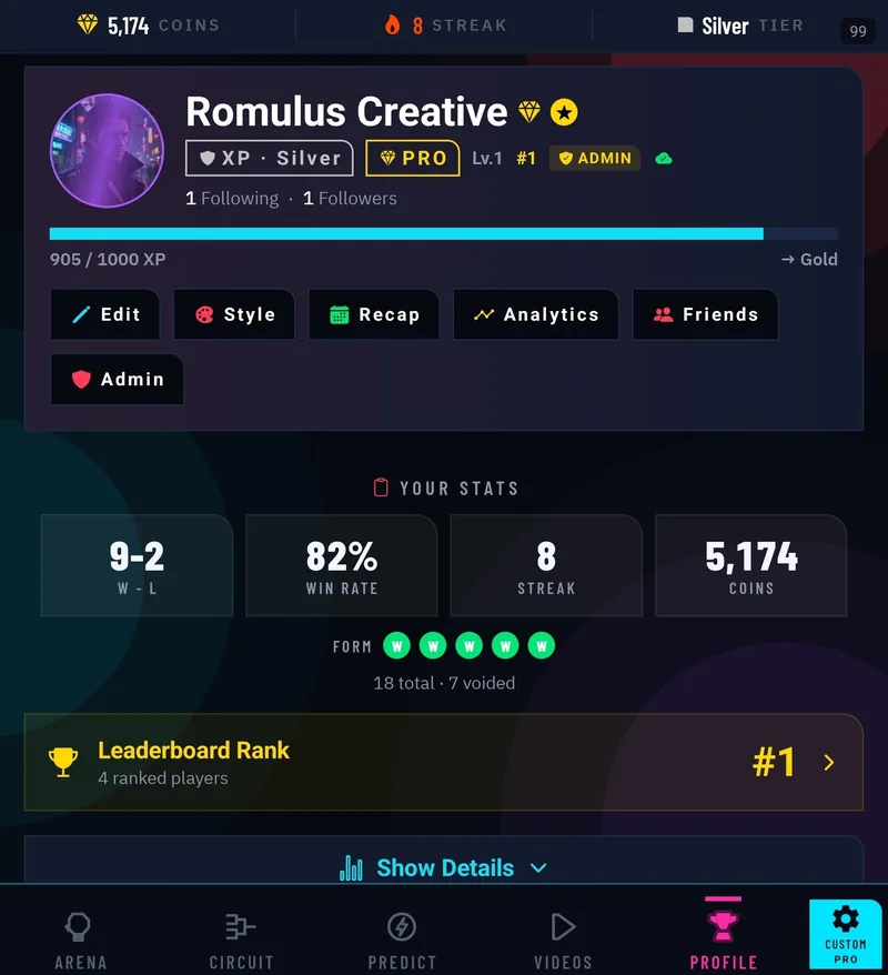 The real GameRanked PRO Profile screen — Romulus Creative: PRO, ADMIN, an 82% win rate and the #1 seat on the leaderboard