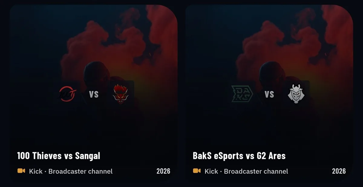 The real Videos screen — finished-match broadcasts as cards, 100 Thieves vs Sangal and BakS eSports vs G2 Ares